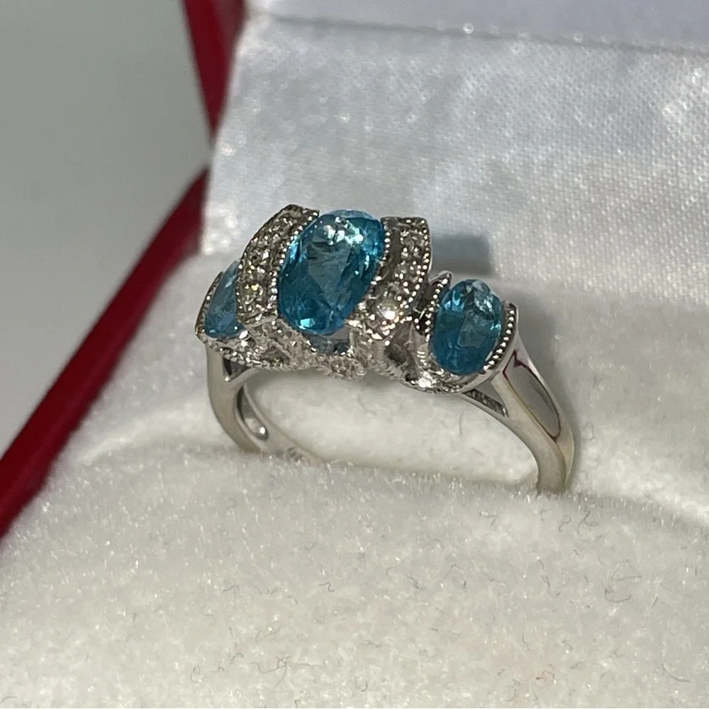 Solid Stamped 14K White Gold Oval Trio Natural Blue Topaz Diamond Ring
